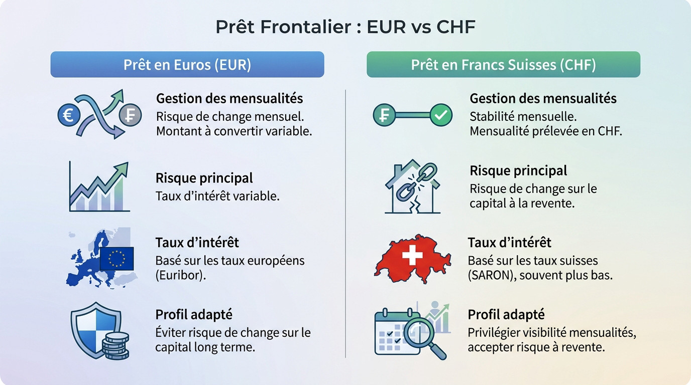 Comparatif visuel entre un prêt immobilier frontalier en euros et en francs suisses