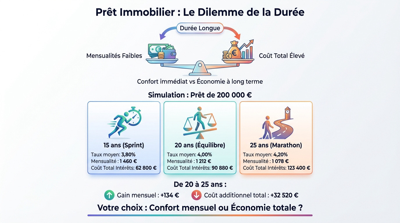 Graphique illustrant la balance entre mensualités faibles et coût total du crédit immobilier selon la durée