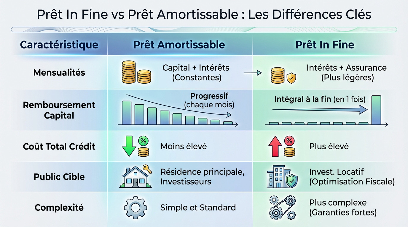 Tableau comparatif des différences clés entre prêt in fine et prêt amortissable