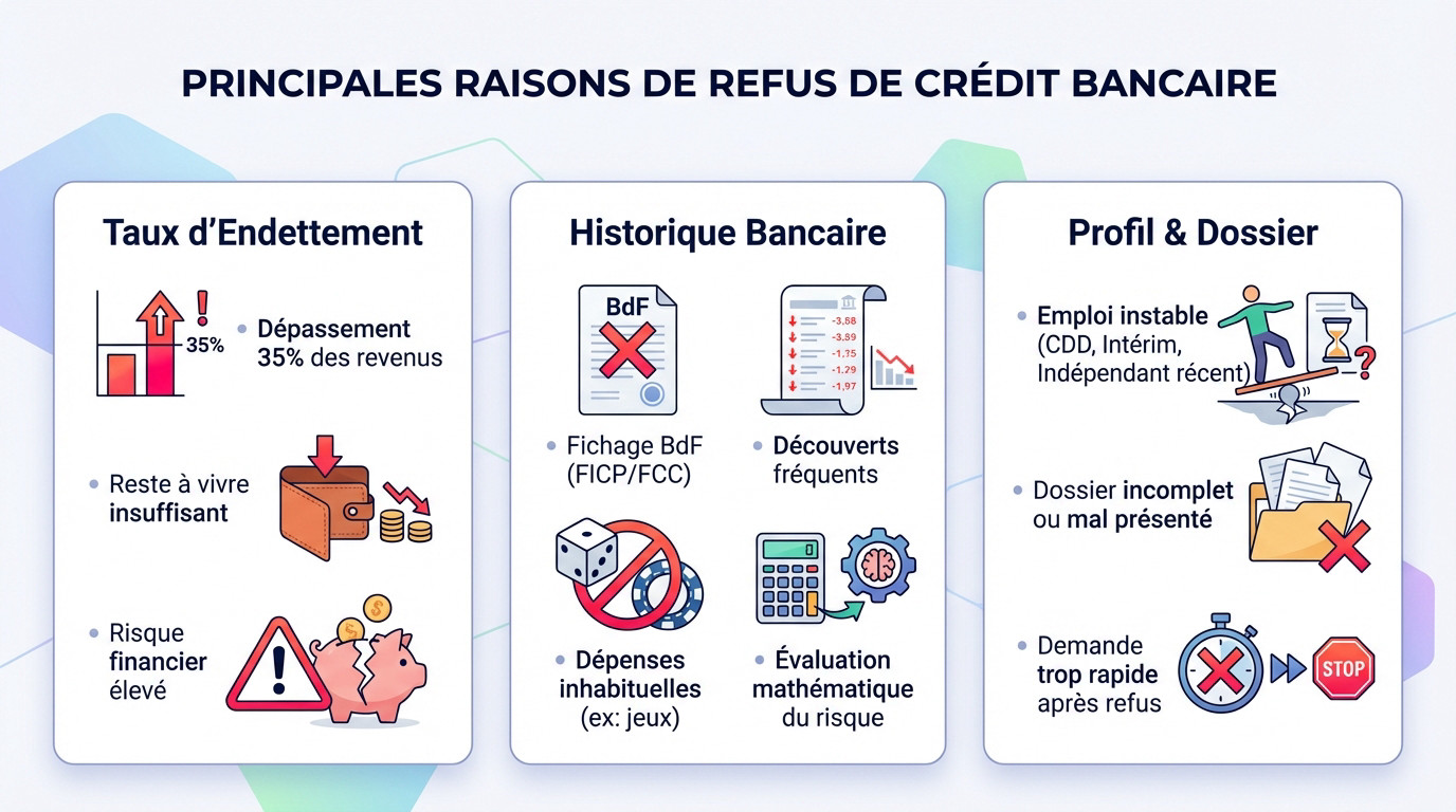 Illustration des principales causes de refus de crédit bancaire : endettement, fichage et gestion de compte