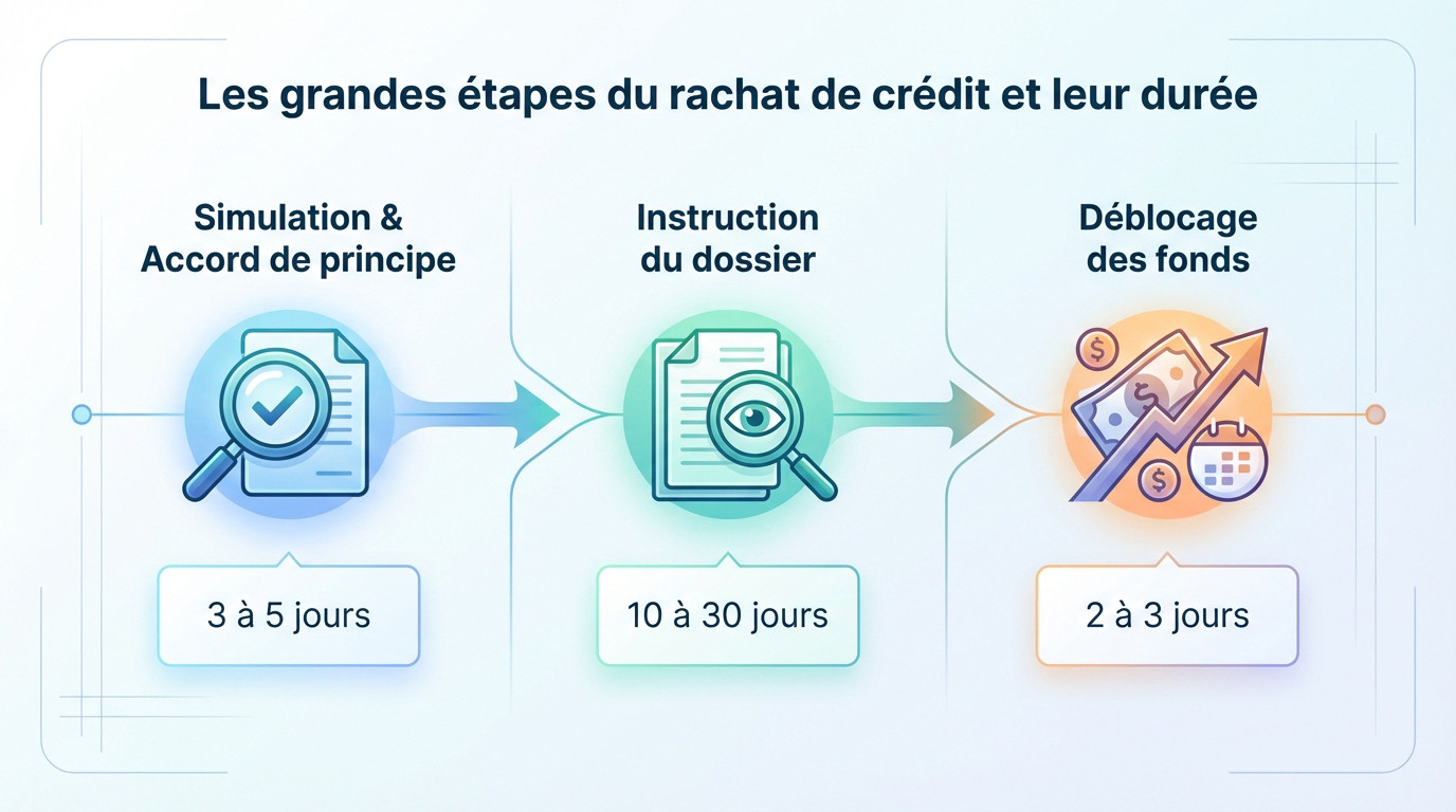 Schéma explicatif des étapes et délais d'une procédure de rachat de crédit