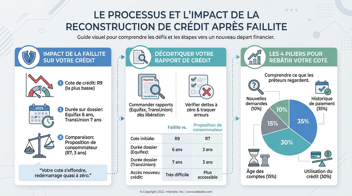Graphique illustrant l'impact de la faillite sur le score de crédit et le processus de reconstruction