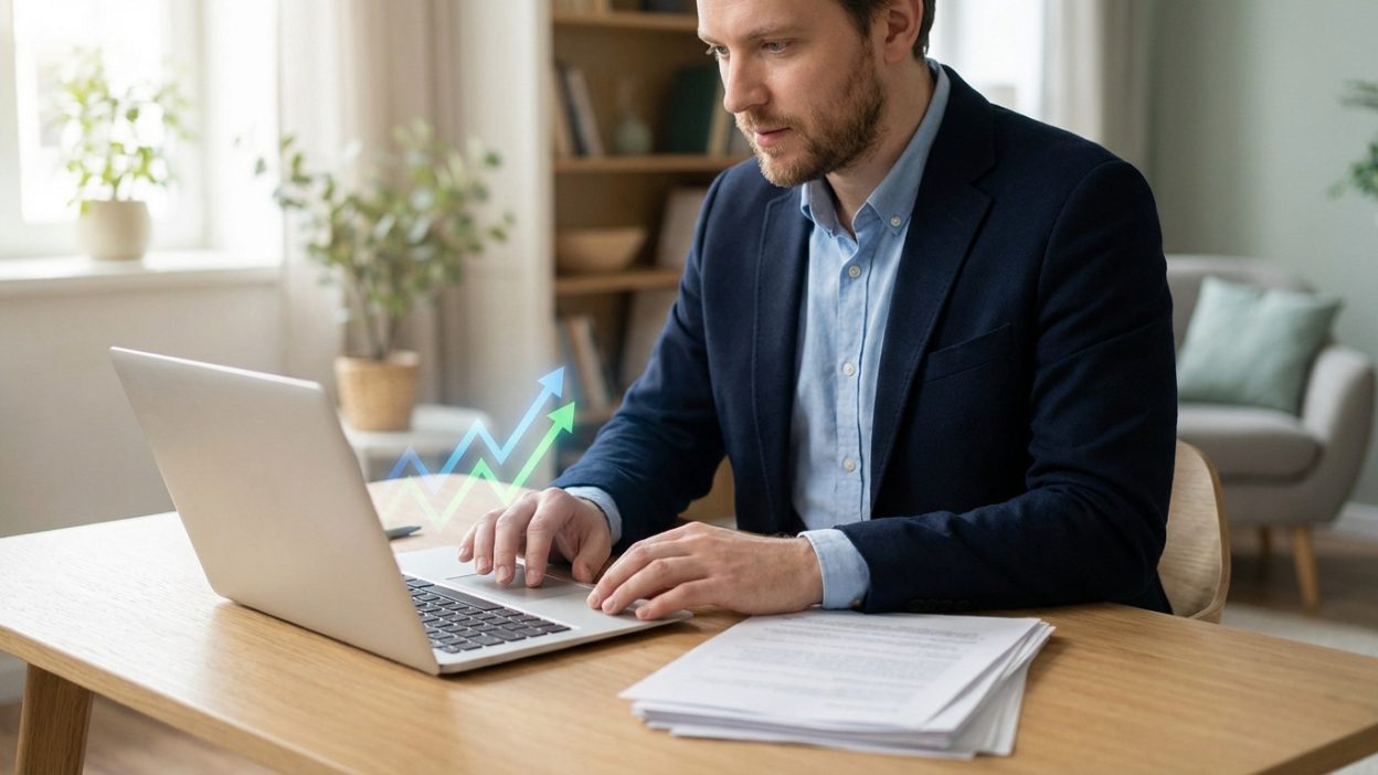 Man in blazer intently views laptop with upward financial trends. Left hand on keyboard, right near documents on light wood desk in bright home office.