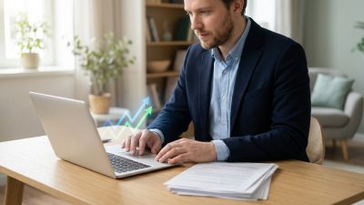 Man in blazer intently views laptop with upward financial trends. Left hand on keyboard, right near documents on light wood desk in bright home office.