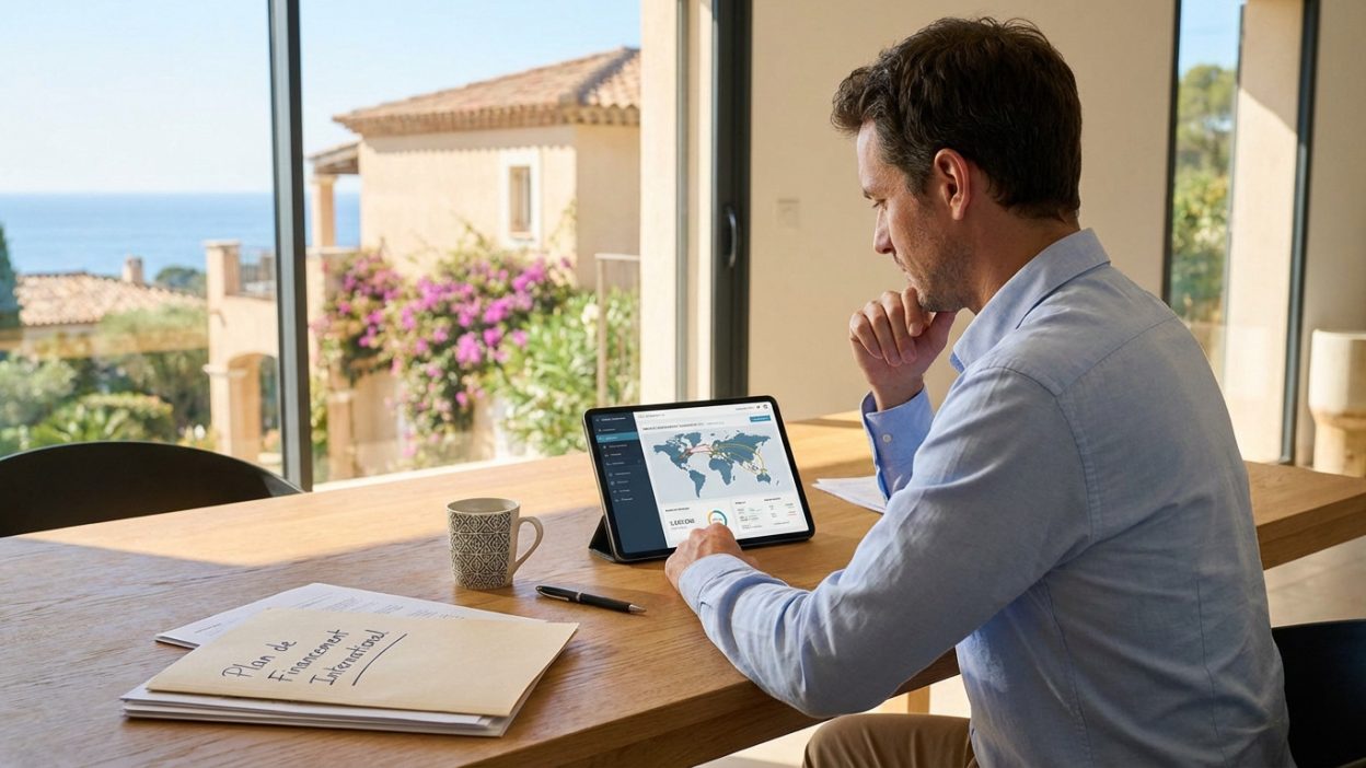 Man in blue shirt at modern desk, using tablet with global financial map. Mediterranean villa and sea visible through window. Documents and coffee mug on desk.
