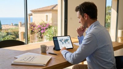 Man in blue shirt at modern desk, using tablet with global financial map. Mediterranean villa and sea visible through window. Documents and coffee mug on desk.