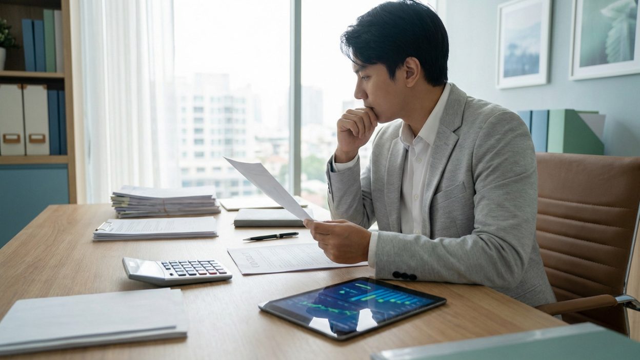 A man in a grey blazer thoughtfully reviews financial documents and a tablet with graphs on a wooden desk in a modern office.