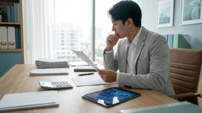 A man in a grey blazer thoughtfully reviews financial documents and a tablet with graphs on a wooden desk in a modern office.