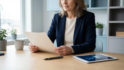 Middle-aged woman in a blazer reviewing a document at a modern desk with a tablet displaying a financial graph, bathed in natural light.