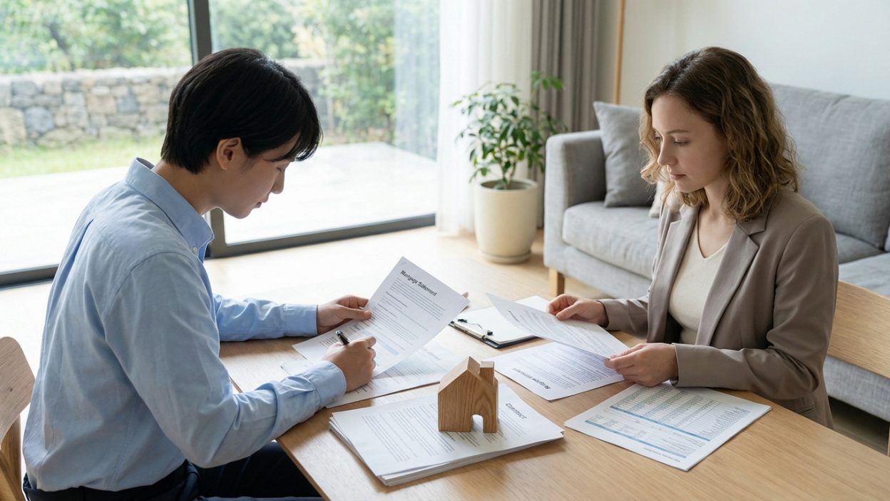 Two people review mortgage documents and a wooden house figurine on a light table in a bright living room, symbolizing property decisions.