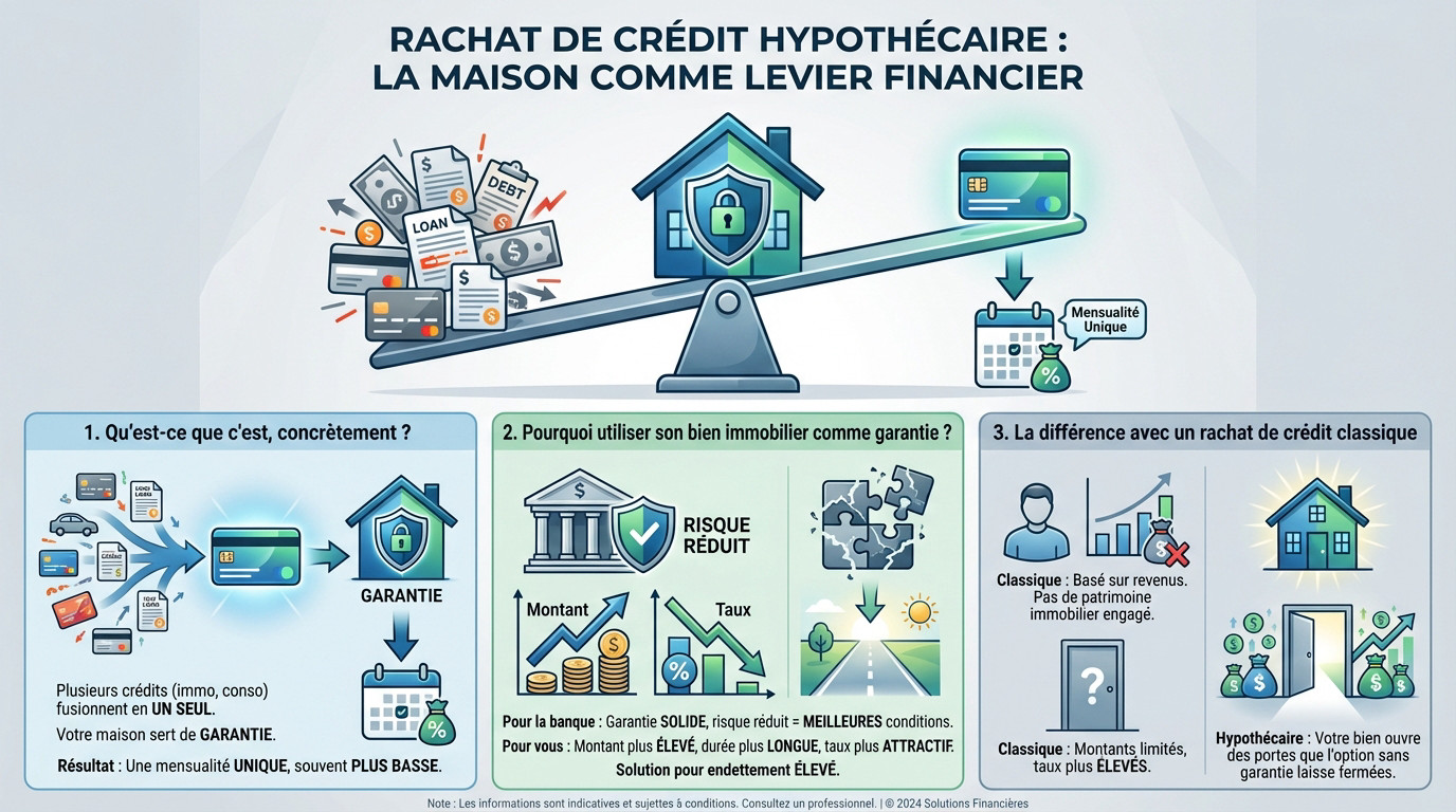 Schéma illustrant le <strong>rachat de crédit avec garantie hypothécaire</strong> : une maison servant de levier pour équilibrer le budget » /></p>
<h2 id=