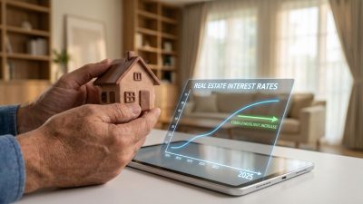 Hands hold a miniature house over a tablet showing a 2025 real estate interest rate graph with a slight upward trend.