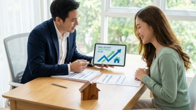 Man and woman review a real estate investment plan on a tablet showing growth, with loan documents and a wooden house model on a desk.