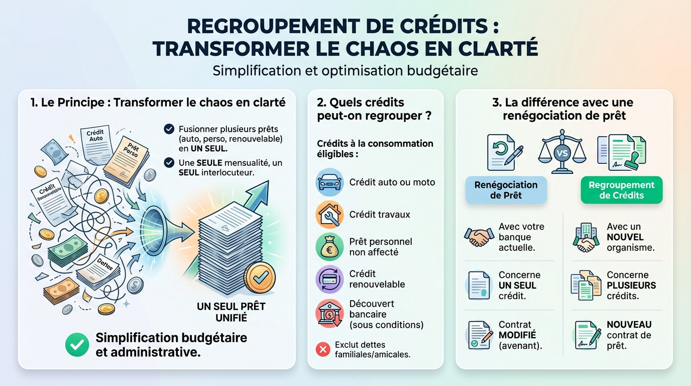 Schéma illustrant la simplification financière grâce au regroupement de crédits consommation