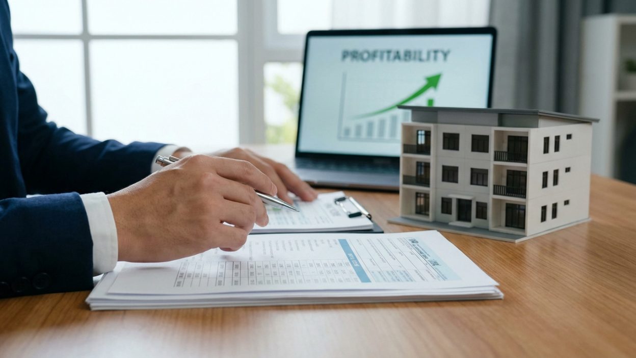 Close-up of hands reviewing financial documents, with a miniature apartment building model and a laptop displaying a 'PROFITABILITY' graph.