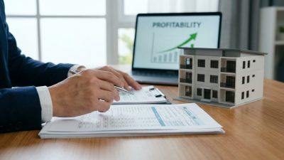 Close-up of hands reviewing financial documents, with a miniature apartment building model and a laptop displaying a 'PROFITABILITY' graph.