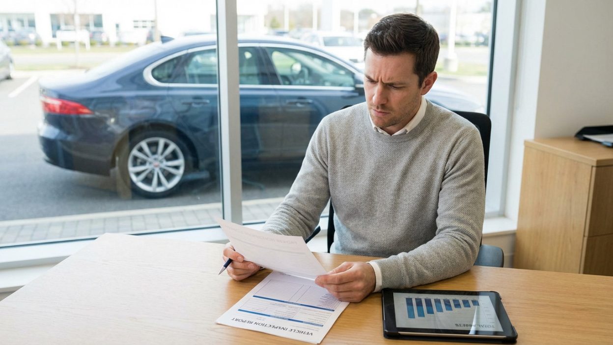 A man in a grey sweater intently reviews a vehicle inspection report at a wooden desk, tablet beside him. A blue car is outside a window.