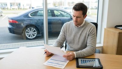 A man in a grey sweater intently reviews a vehicle inspection report at a wooden desk, tablet beside him. A blue car is outside a window.