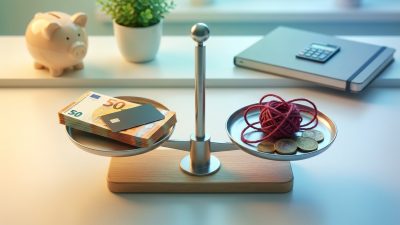 Metaphorical scale balancing revolving credit advantages (euro notes, credit card) against risks (red yarn, coins). Alternatives like a piggy bank, plant, and calculator are in the background.