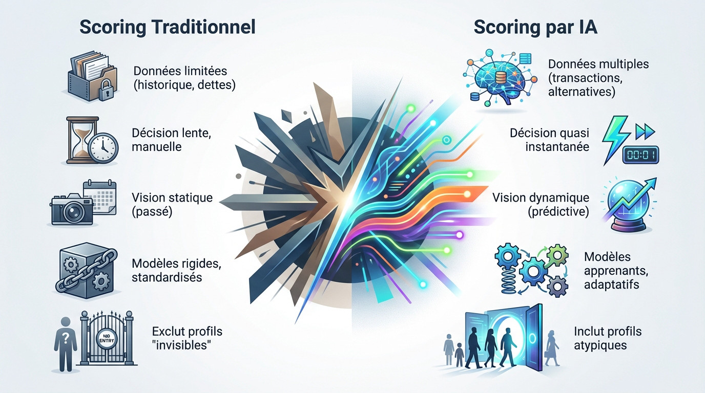 Comparaison visuelle entre le scoring de crédit traditionnel statique et le scoring dynamique par IA