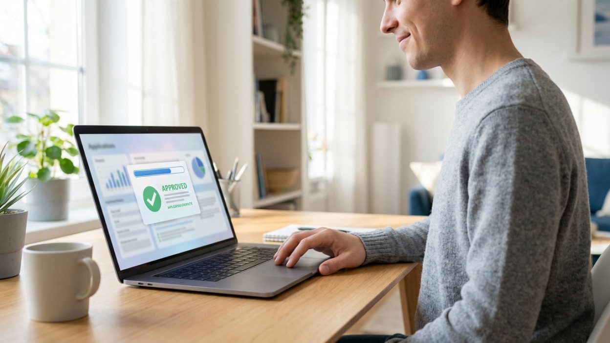 Man in bright home office smiles at laptop displaying 'Approved' for an online application, conveying financial ease.