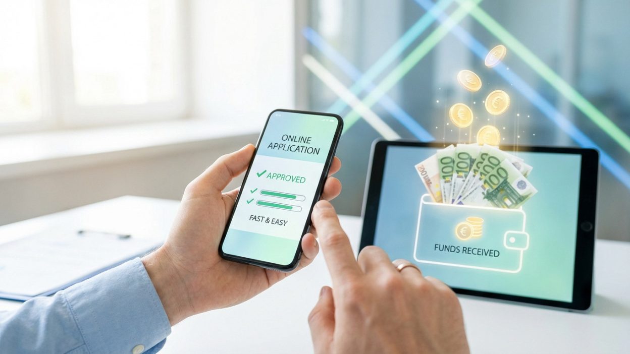 Hands on smartphone with approved online application. Tablet displays euro funds received in digital wallet, with futuristic lines.