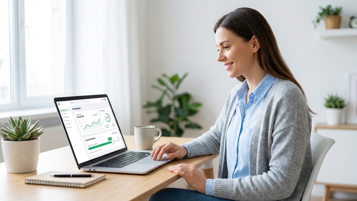 A smiling woman in a home office uses a laptop with a financial dashboard, reflecting modern, convenient online banking.