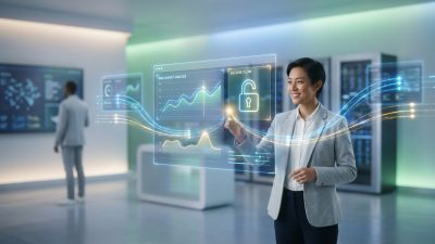 Woman interacts with holographic Open Banking financial display, showing secure data, graphs, and glowing data flow in a modern office.