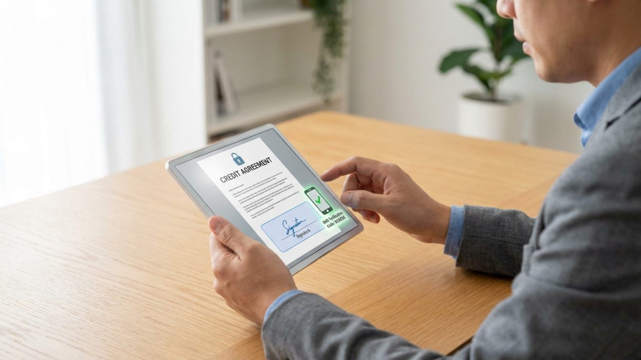 Individual securely signing a digital credit agreement on a tablet, featuring e-signature, data protection lock, and SMS verification.
