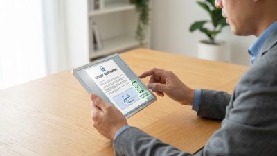 Individual securely signing a digital credit agreement on a tablet, featuring e-signature, data protection lock, and SMS verification.