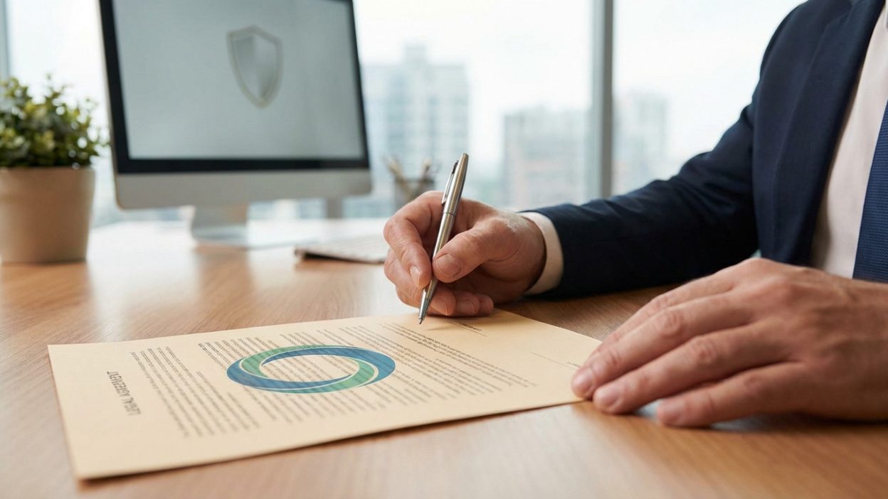 Close-up of hands in a suit, pen poised over a legal agreement with a blue/green graphic. Blurred background shows a monitor with a shield icon.