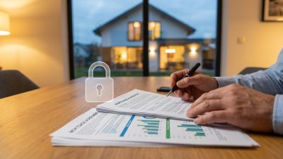 Hands reviewing mortgage agreement with financial graphs, a padlock icon, and a modern house with warm lights in the background.