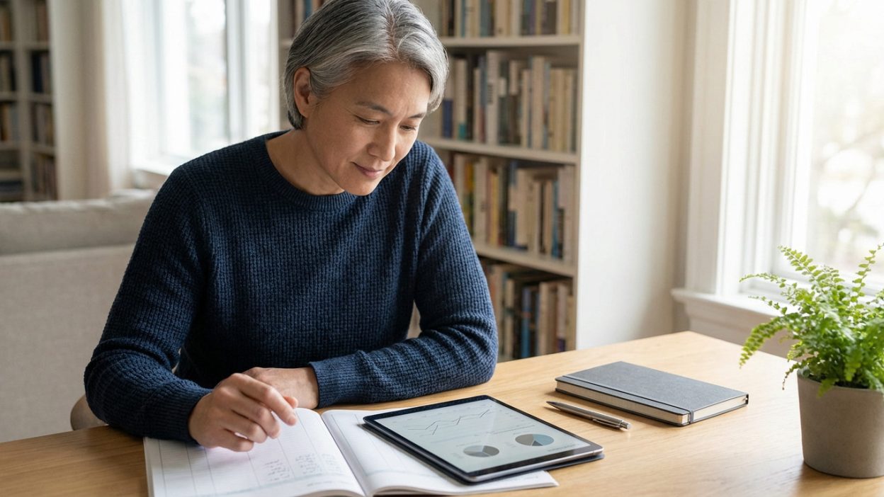 An older adult with gray hair reviews financial plans on a tablet and notebook at a modern wooden desk in a bright home office.