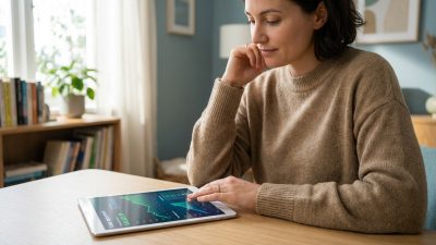 A woman in a neutral sweater calmly reviews financial data on a tablet, showing graphs and numbers, in a well-lit home office.