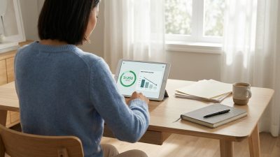 Person views a tablet with a debt consolidation dashboard showing $1,250 payment in a calm, well-lit home office with coffee.