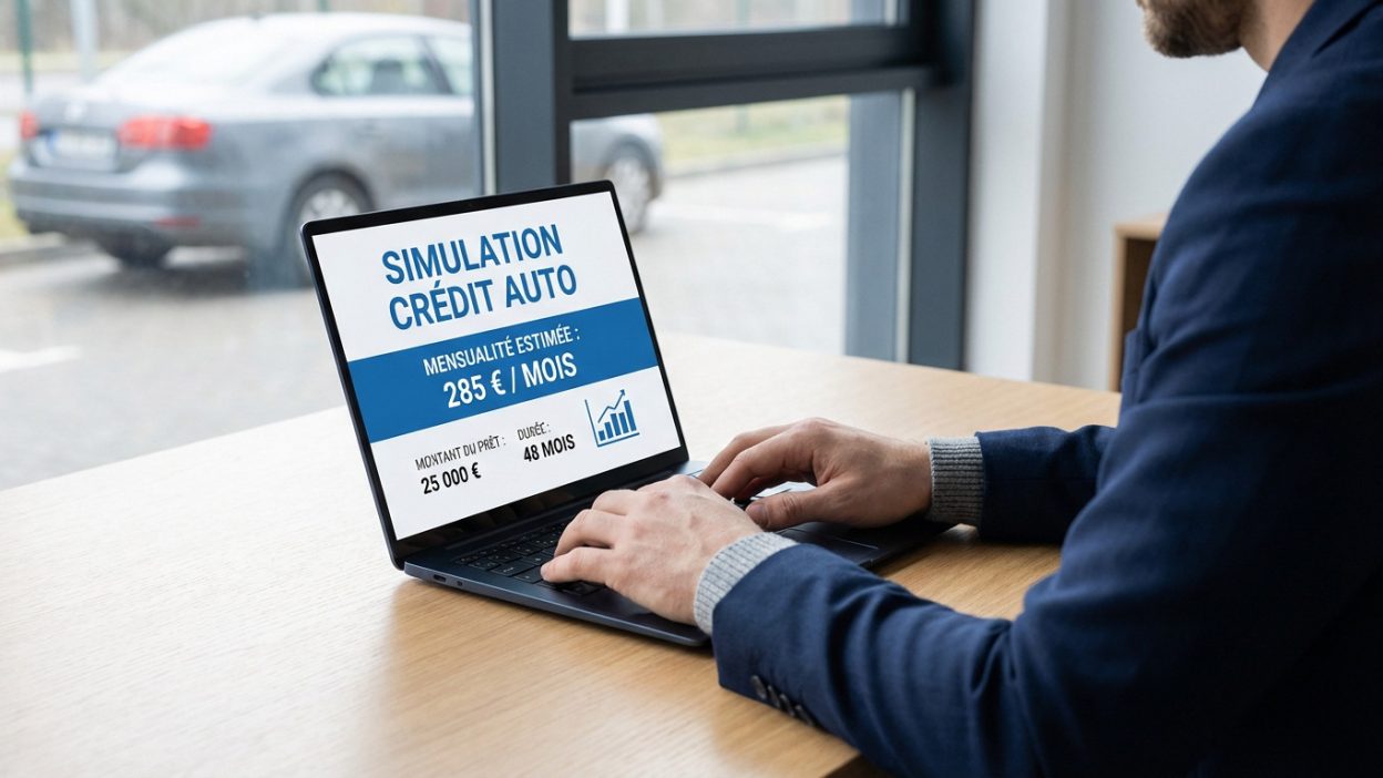 Individu simulant un crédit auto sur un laptop, affichant 285€/mois pour 25 000€ sur 48 mois. Voiture floue en arrière-plan.
