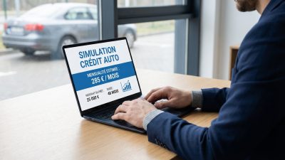 Individu simulant un crédit auto sur un laptop, affichant 285€/mois pour 25 000€ sur 48 mois. Voiture floue en arrière-plan.