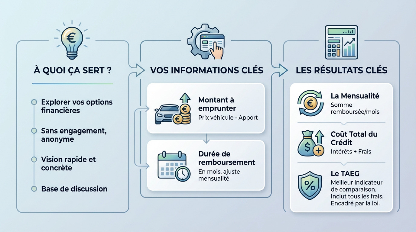 Interface de simulation de crédit auto montrant le calcul des mensualités et du TAEG