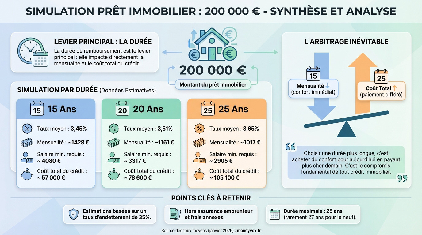 Tableau de bord de simulation pour un prêt immobilier de 200 000 euros montrant l'impact de la durée sur les mensualités