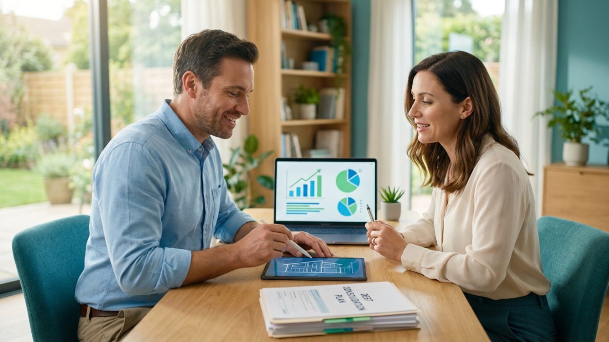 Couple planning finances, debt consolidation, and a dream home project on a tablet, with financial charts on a laptop in a bright home office.