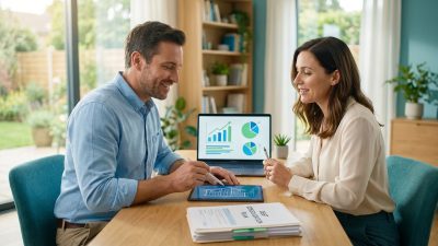 Couple planning finances, debt consolidation, and a dream home project on a tablet, with financial charts on a laptop in a bright home office.