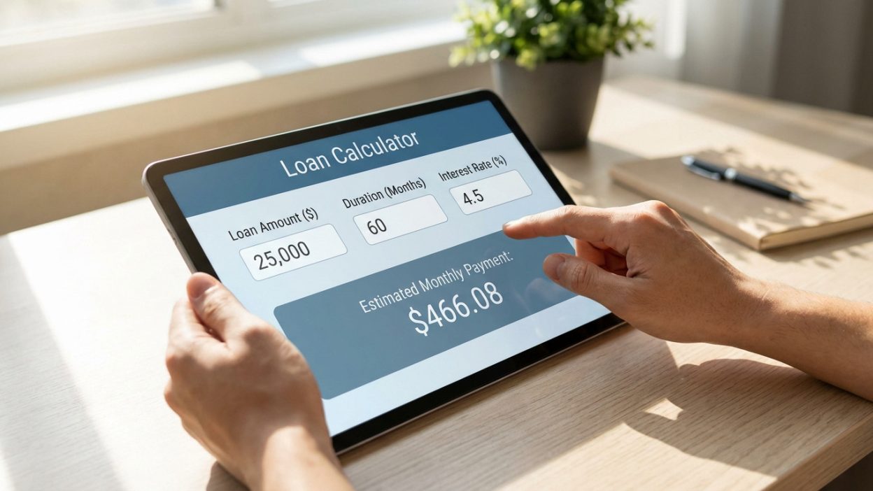 Hands use a tablet loan calculator displaying a $25,000 loan, 60 months, 4.5% interest, and $466.08 monthly payment.