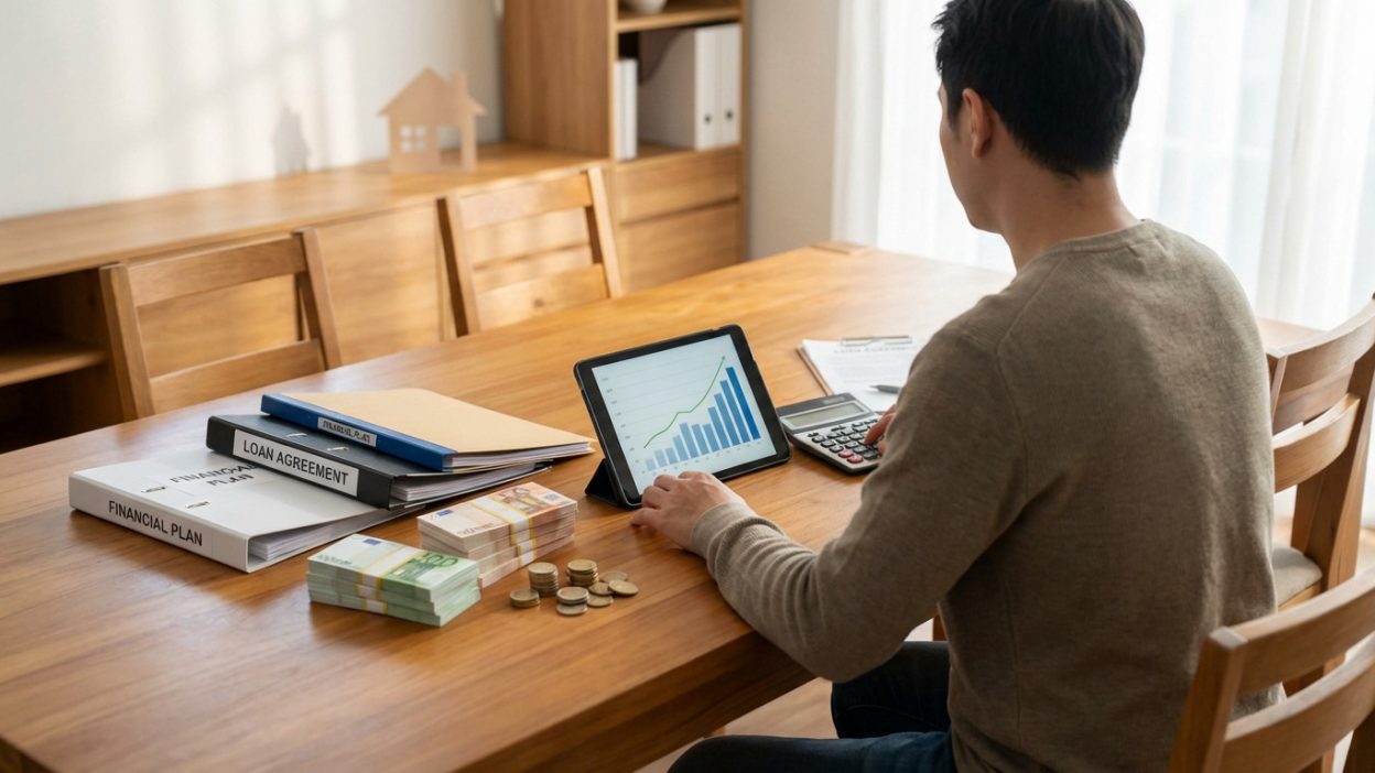 Person planning finances at wooden table with euro cash, loan documents, tablet showing growth, and calculator. House model in background.