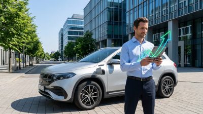 A man holds a tablet displaying a financial growth chart, standing by a silver electric SUV in a modern urban setting.