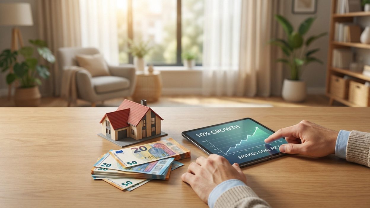 Hands on tablet showing '10% GROWTH' graph, next to euro banknotes and a house model, on a desk in a modern home. Financial planning.