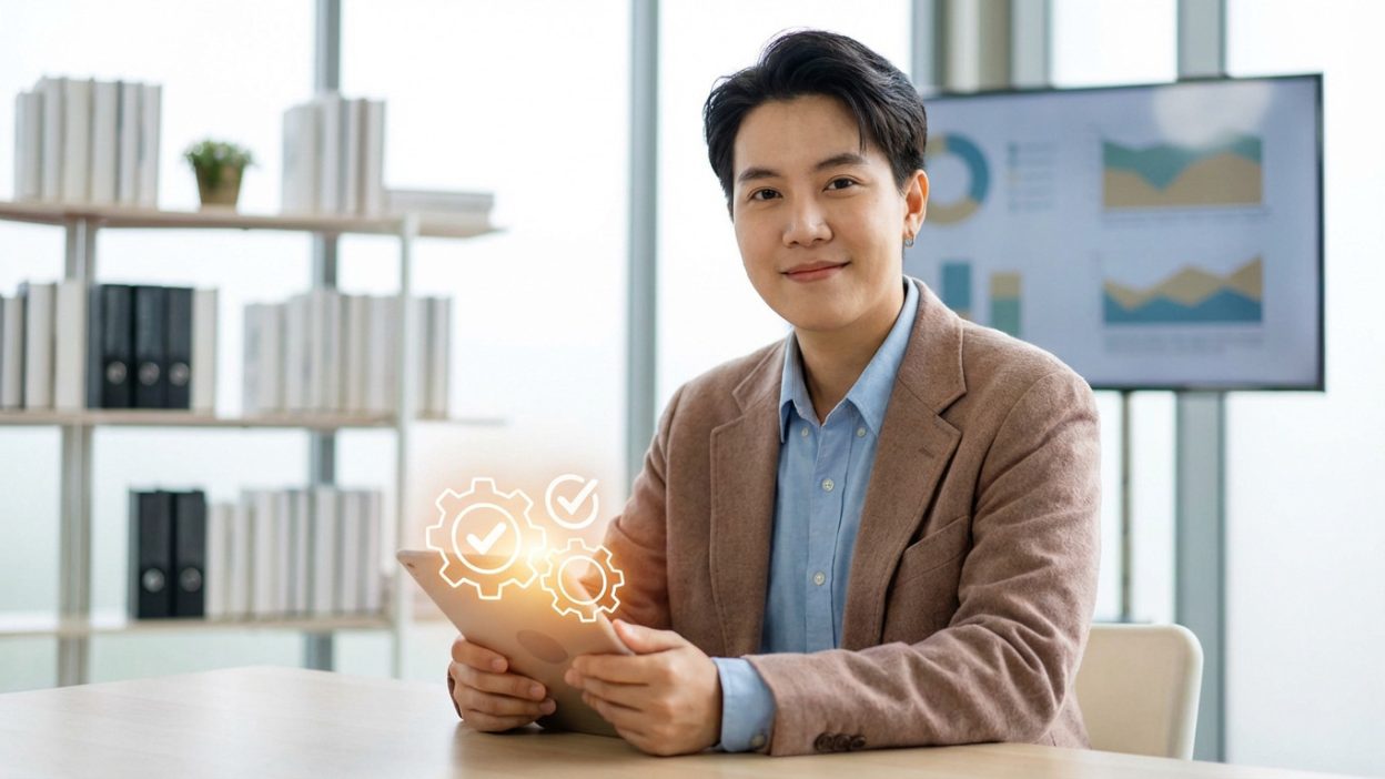 A confident professional holds a tablet with glowing solution icons in a bright office, symbolizing clarity and successful processes.