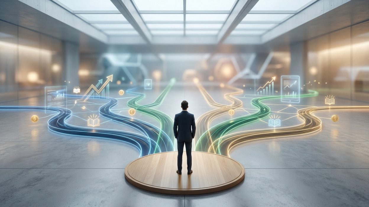 Person on platform faces luminous diverging paths with financial and learning symbols, representing career and growth choices.