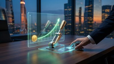 Hand interacts with glowing holographic financial growth display featuring a rising green graph, golden coin, and lever, against a blurred cityscape.
