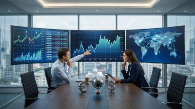 Two professionals analyze financial charts, currency rates, and a global map on large screens in a modern office, with Euro and Dollar symbols on the desk.