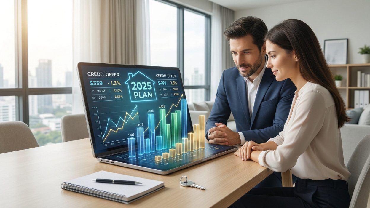 Man and woman intently analyzing financial graphs and credit offers for their 2025 plan on a laptop in a bright home office.